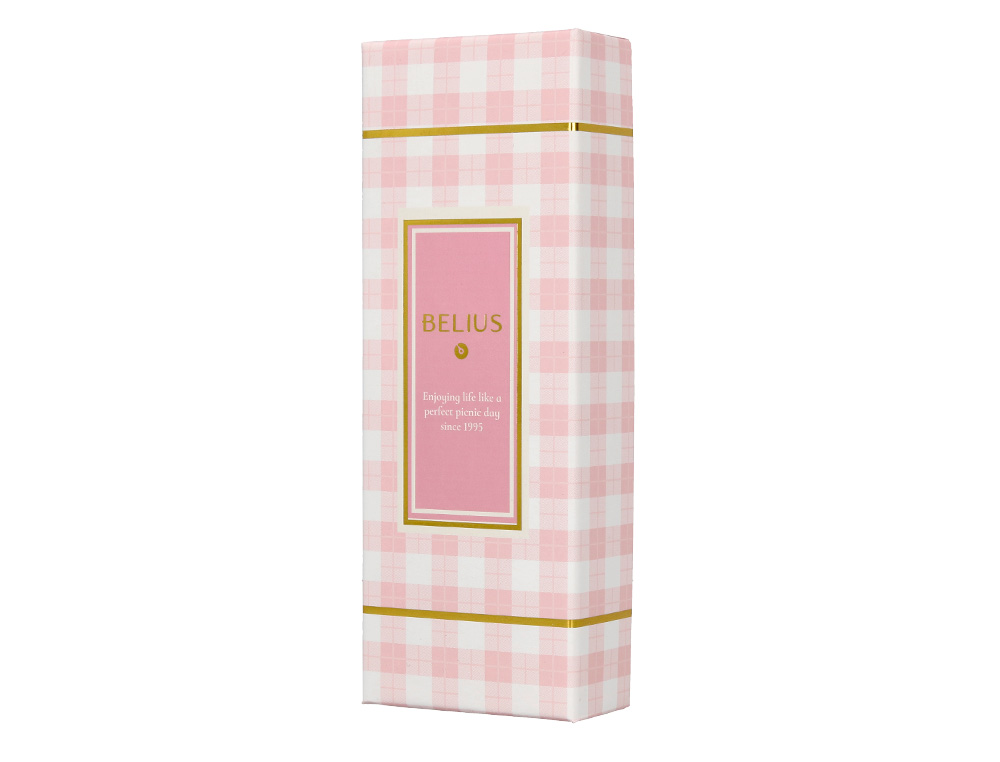 ESFEROGRAFICA BELIUS PICNIC ALUMINIO COR ROSA DOURADO TINTA COR AZUL CAIXA DE DESIGN