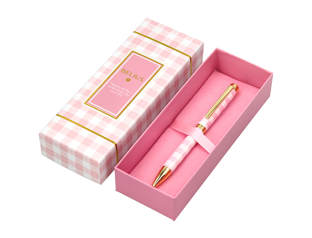 ESFEROGRAFICA BELIUS PICNIC ALUMINIO COR ROSA DOURADO TINTA COR AZUL CAIXA DE DESIGN