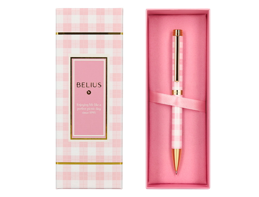 ESFEROGRAFICA BELIUS PICNIC ALUMINIO COR ROSA DOURADO TINTA COR AZUL CAIXA DE DESIGN