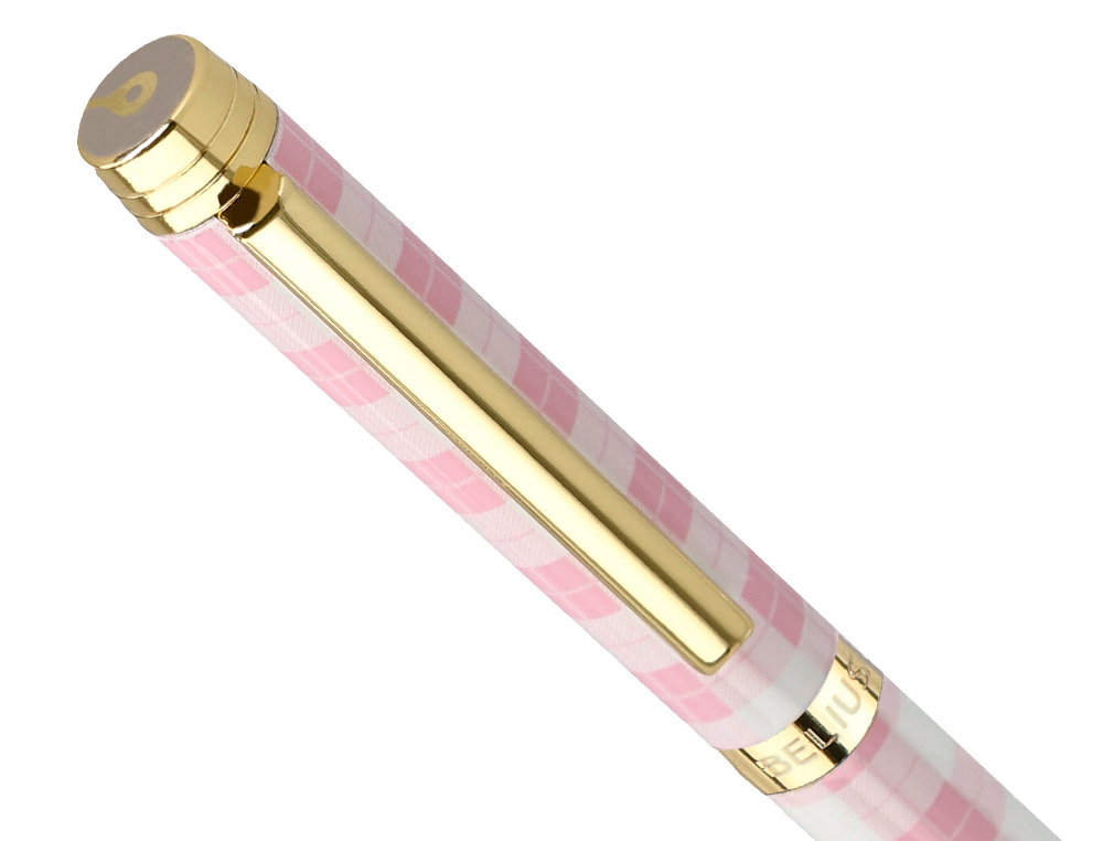 ESFEROGRAFICA BELIUS PICNIC ALUMINIO COR ROSA DOURADO TINTA COR AZUL CAIXA DE DESIGN