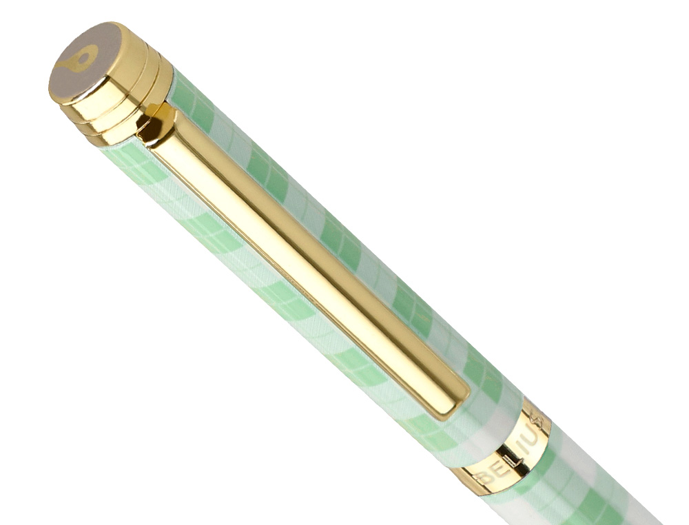 ESFEROGRAFICA BELIUS PICNIC ALUMINIO COR VERDE DOURADO TINTA COR AZUL CAIXA DE DESIGN