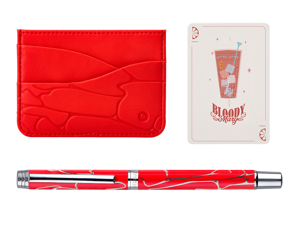 ESFEROGRAFICA E PORTA CARTOES BELIUS COCKTAILS BLOODY MARY ALUMINIO VERMELHO PRATEADO RELEVO TINTA COR AZUL CAIXA DE DES