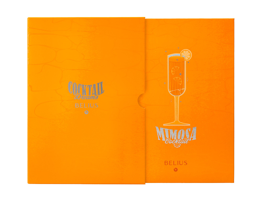 ESFEROGRAFICA E PORTA CARTOES BELIUS COCKTAILS PINA COLADA ALUMINIO LARANJA PRATEADO RELEVO TINTA COR AZUL CAIXA DE DESI