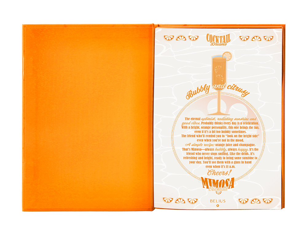 ESFEROGRAFICA E PORTA CARTOES BELIUS COCKTAILS PINA COLADA ALUMINIO LARANJA PRATEADO RELEVO TINTA COR AZUL CAIXA DE DESI