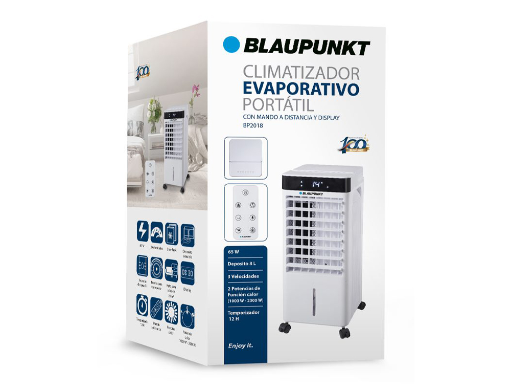 CLIMATIZADOR EVAPORATIVO BLAUPUNKT 65W FRIO/CALOR 8L 3 VELOCIDADES ATE 20 M2 TEMPORIZADOR COM RODAS E COMANDO BRANCO