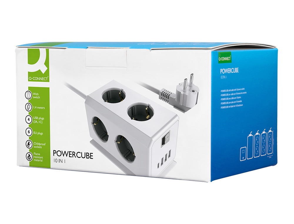 EXTENSAO Q-CONNECT MULTIPLA 10 EM 1 CABO 1,4 MT 6 TOMADAS DE CORRENTE+3 USB+1 USB TIPO C 140X76X87MM