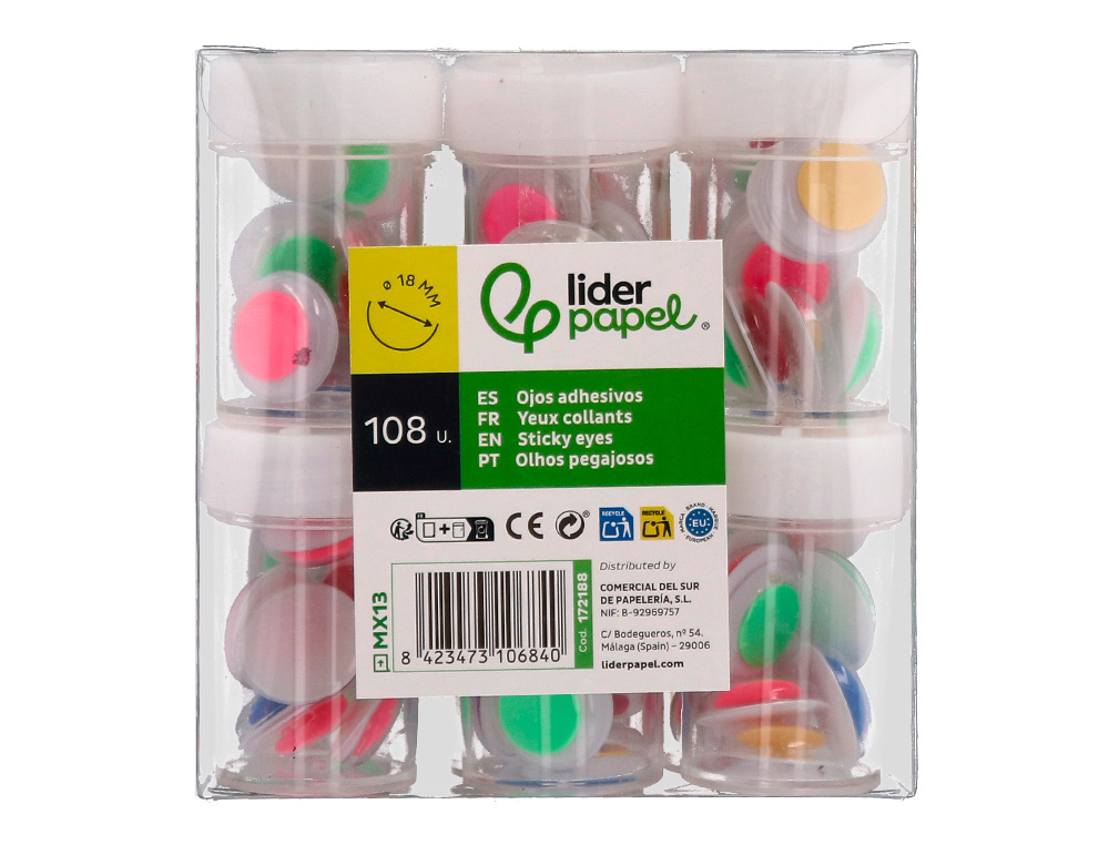 OLHO ADESIVO LIDERPAPEL 18 MM BRANCO COM PUPILA DE CORES SORTIDAS PACK DE 108 UNIDADES