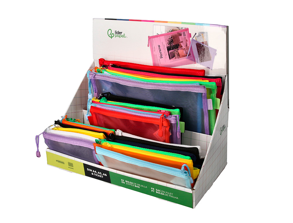 BOLSA COM FECHO DE CORRER LIDERPAPEL POLIESTER TRANSPIRAVEL MULTIUSOS EXPOSITOR DE 40 UNIDADES TAMANHOS E CORES SORTIDAS