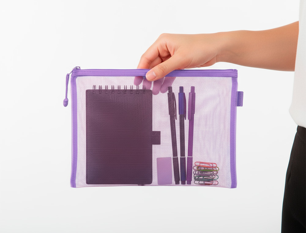 BOLSA COM FECHO DE CORRER LIDERPAPEL POLIESTER TRANSPIRAVEL MULTIUSOS DIN A5 ROXO PASTEL