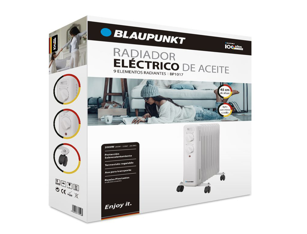 RADIADOR DE OLEO BLAUPUNKT 2000W 9 ELEMENTOS CALORIFICOS PROTECAO SOBRE AQUECIMENTO COM RODAS COR BRANCO