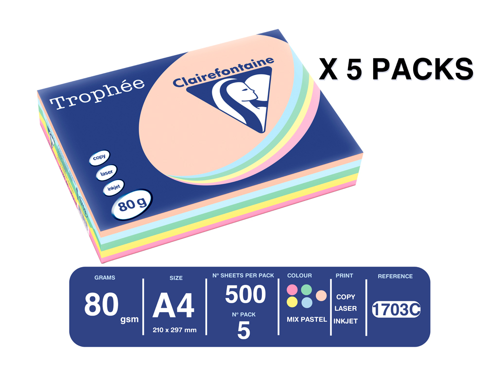 PAPEL COR TROPHEE A4 80 GR 5 CORES SORTIDAS PASTEL EMBALAGEM DE 500 FOLHAS (100 FOLHAS X COR)