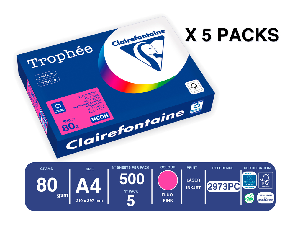 PAPEL COR TROPHEE A4 80 GR ROSA NEON EMBALAGEM DE 500 FOLHAS