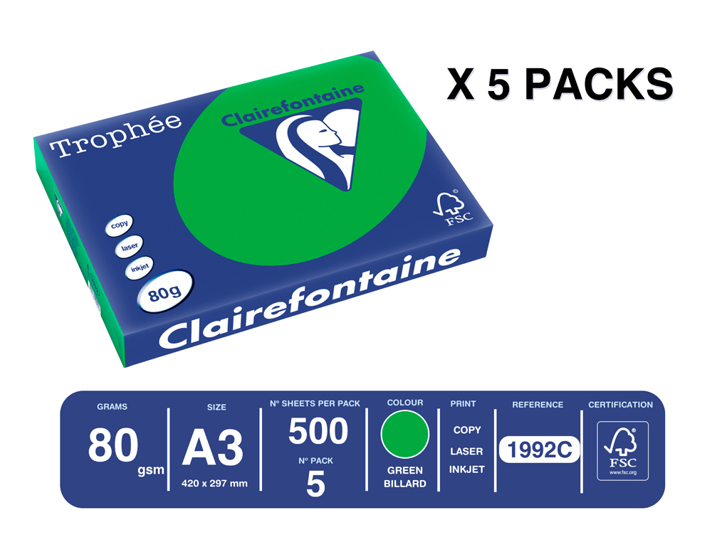 PAPEL COR TROPHEE A3 80 GR VERDE INTENSO EMBALAGEM DE 500 FOLHAS