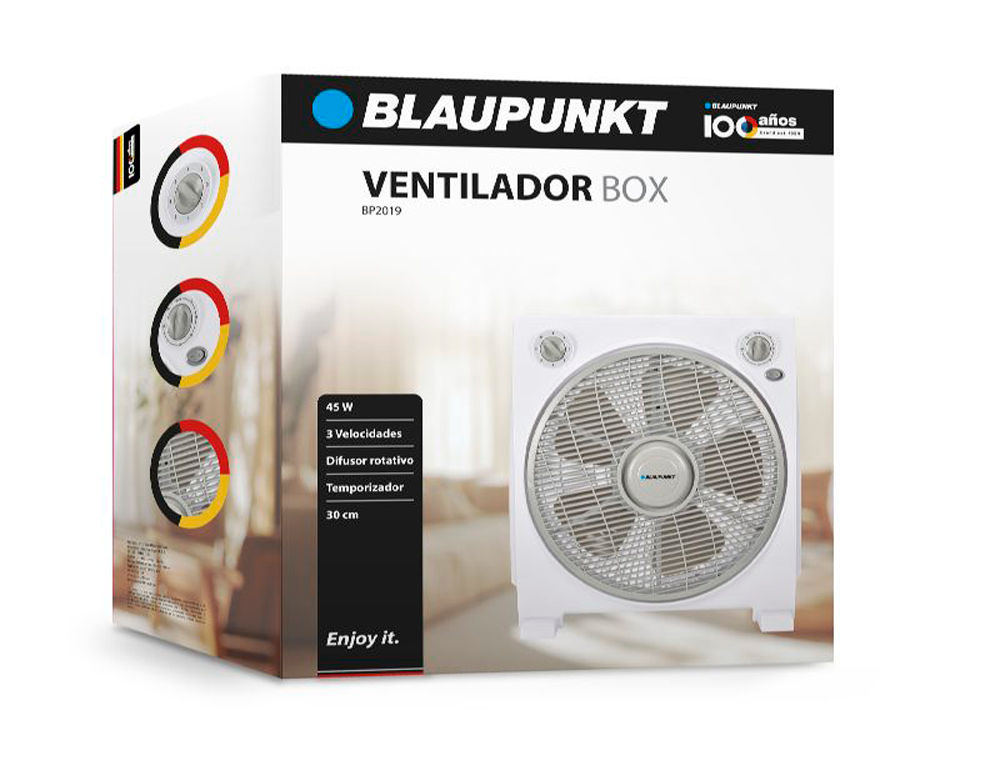 VENTILADOR DE CHAO BLAUPUNKT BOX FAN 45W 30CM DIAMETRO 5 PAS 3 VELOCIDADES COM TEMPORIZADOR E REDE PROTETORA