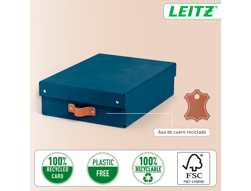 CAIXA DE ARMAZENAGEM LEITZ CARTAO MEDIA BAIXA COM ASA DE IMITACAO DE PELE COR AZUL PACK DE 2 UNIDADES