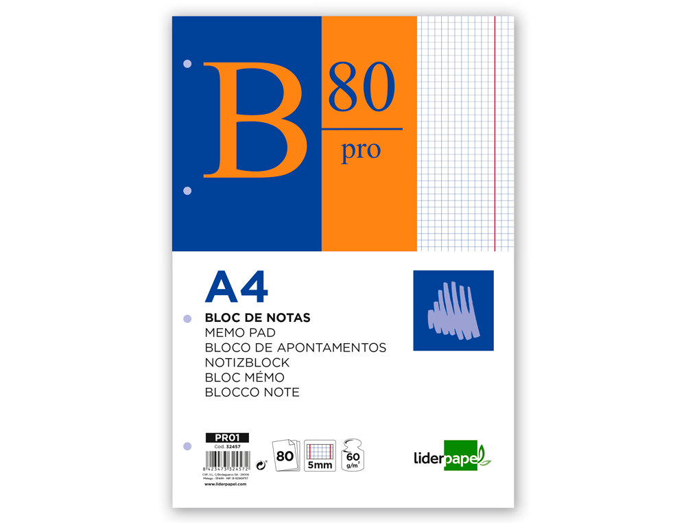 BLOCO DE NOTAS LIDERPAPEL COLADO PRO DIN A4 80 F QUADRICULADO VERMELHO