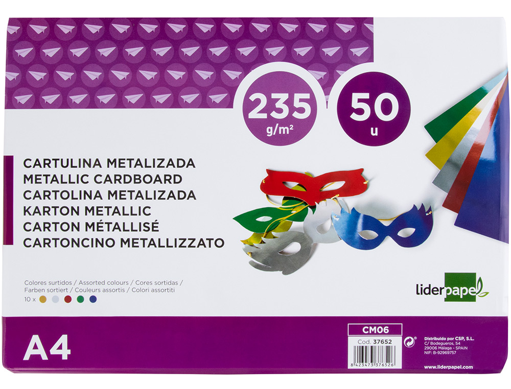 CARTOLINA LIDERPAPEL METALIZADA DIN A4 235 GR CORES SORTIDAS PACK 50 FOLHAS