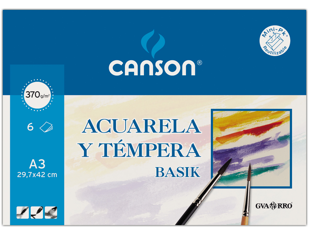 PAPEL AGUARELA BASIK CANSON DIN A3 370 GR EMBALAGEM DE 6 FOLHAS