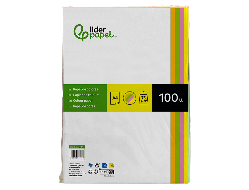 PAPEL DE COR LIDERPAPEL DIN A4 75 GR QUATRO CORES NEON SORTIDAS EMBALAGEM DE 500 FOLHAS