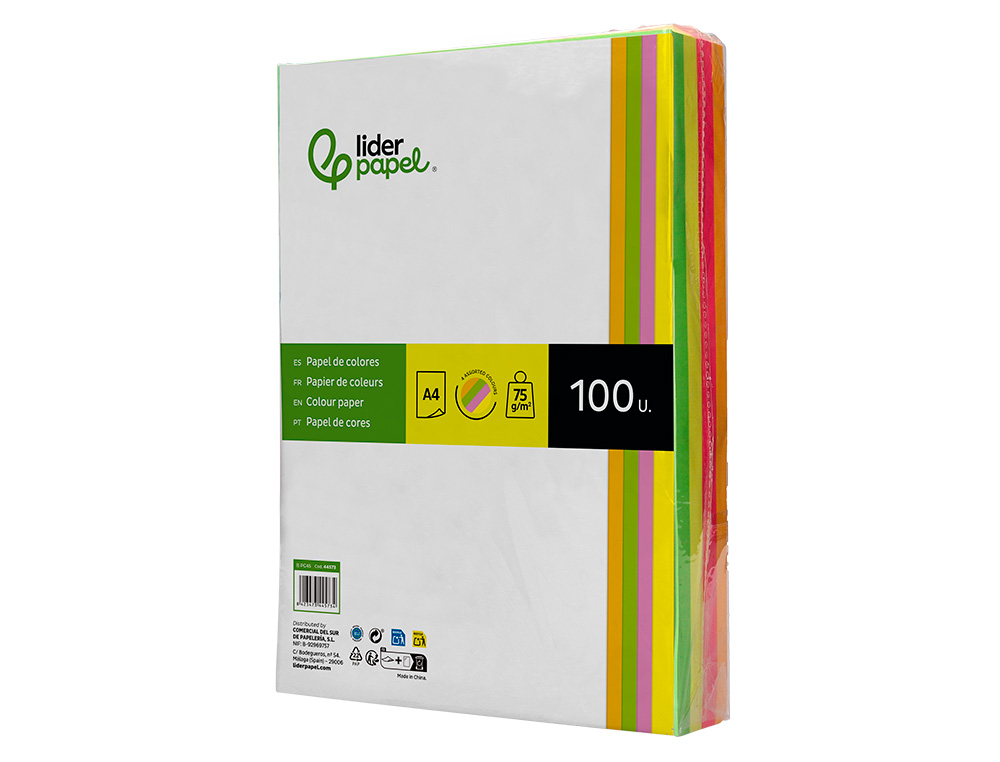 PAPEL DE COR LIDERPAPEL DIN A4 75 GR QUATRO CORES NEON SORTIDAS EMBALAGEM DE 500 FOLHAS