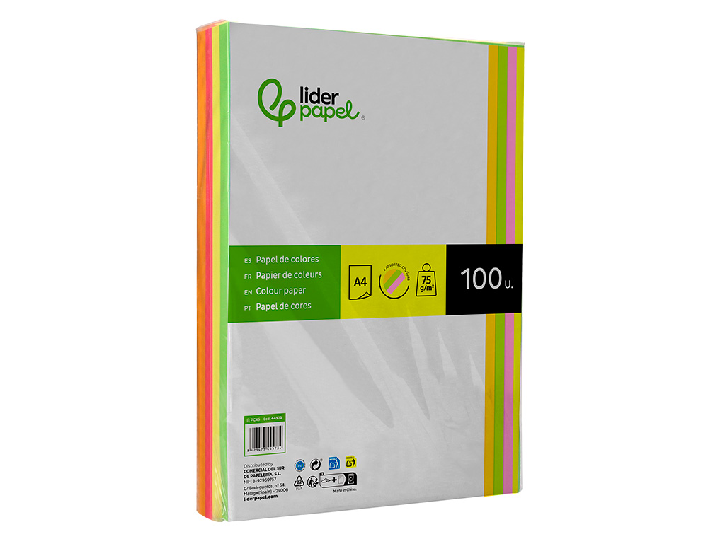 PAPEL DE COR LIDERPAPEL DIN A4 75 GR QUATRO CORES NEON SORTIDAS EMBALAGEM DE 500 FOLHAS