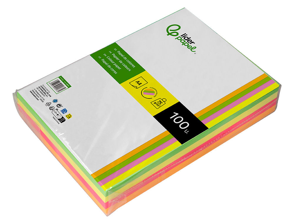 PAPEL DE COR LIDERPAPEL DIN A4 75 GR QUATRO CORES NEON SORTIDAS EMBALAGEM DE 500 FOLHAS