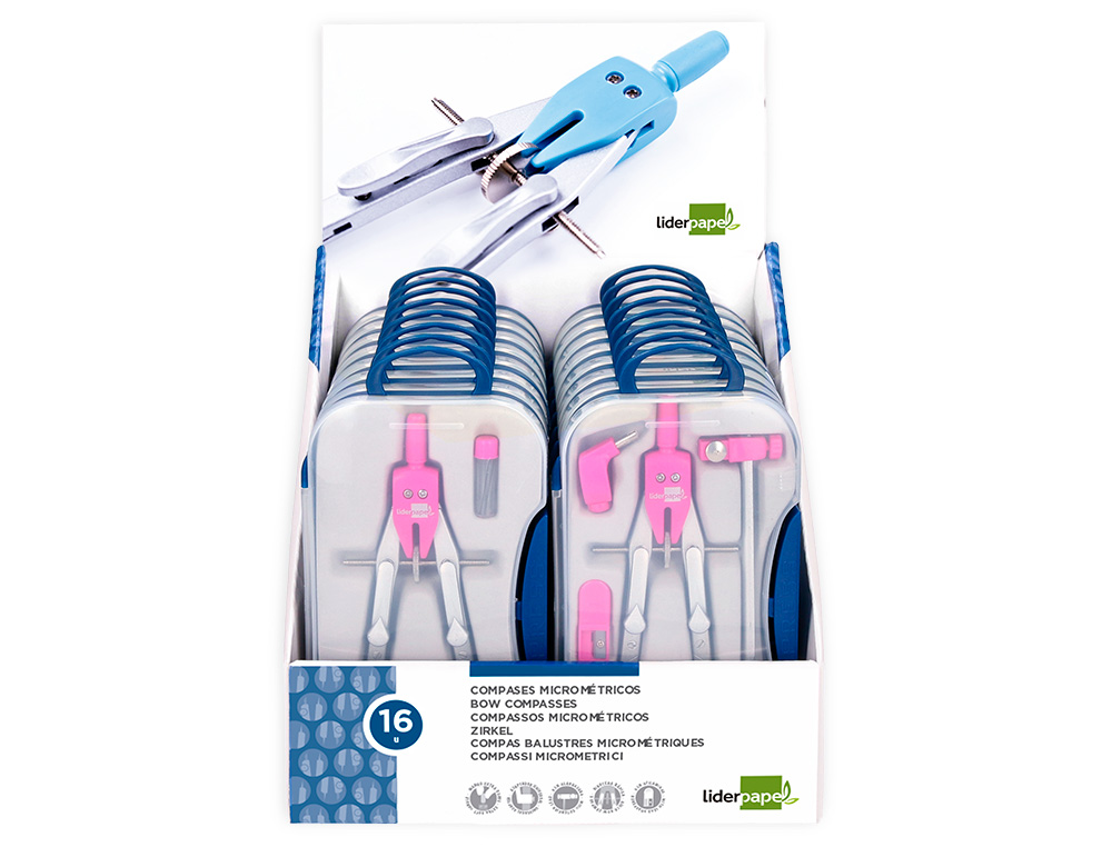 COMPASSO LIDERPAPEL COM ADAPTADOR ALARGADOR E PEGA EXTRA SOFT EXPOSITOR DE 16 ESTOJOS 2 MODELOS