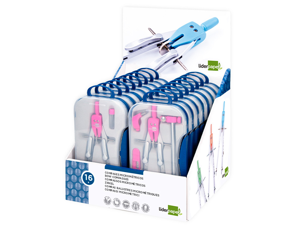 COMPASSO LIDERPAPEL COM ADAPTADOR ALARGADOR E PEGA EXTRA SOFT EXPOSITOR DE 16 ESTOJOS 2 MODELOS