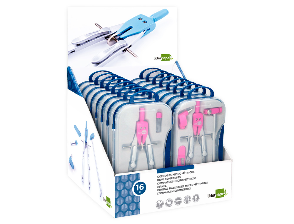 COMPASSO LIDERPAPEL COM ADAPTADOR ALARGADOR E PEGA EXTRA SOFT EXPOSITOR DE 16 ESTOJOS 2 MODELOS