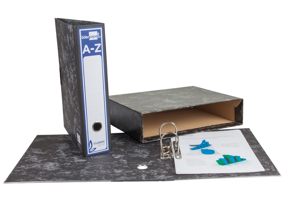 PASTA DE ARQUIVO DE ALAVANCA EM CARTAO FORRADO FOLIO MARMOREADO PRETO COM CAIXA CLASSIC RBLUE