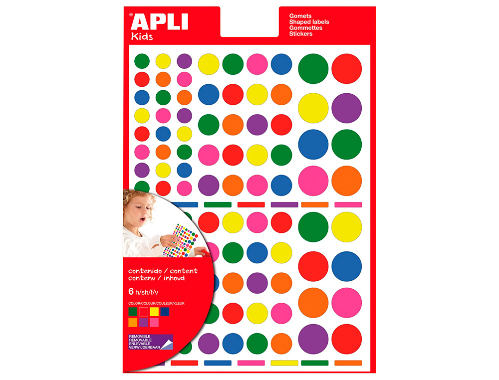 ETIQUETAS APLI AUTOADESIVAS CIRCULO MULTICOLOR BLISTER DE 6 FOLHAS