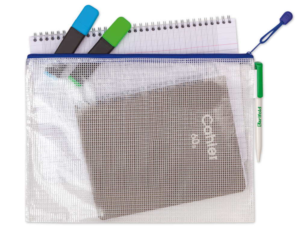 BOLSA MULTIUSOS TARIFOLD PVC DIN A5 ABERTURA SUPERIOR COM FECHO PORTA ESFEROGRAFICA E CORREIA AZUL
