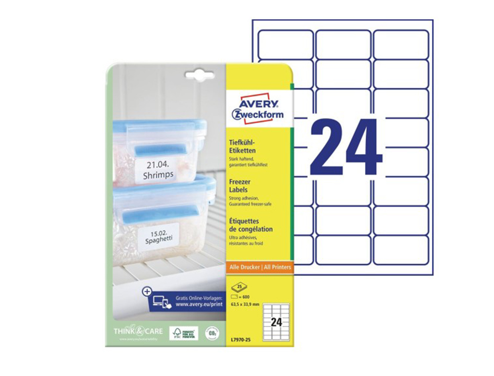 ETIQUETA ADESIVA AVERY PARA CONGELADOR BRANCA 63,5X33,9 MM TINTEIRO LASER E FOTOCOPIADORA PACK DE 600