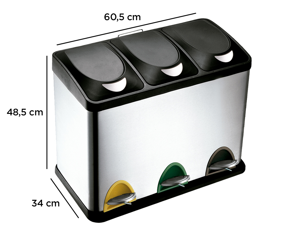 CONTENTOR DE LIXO METALICO Q- CONNECT COM 3 COMPARTIMENTOS E TAMPA PLASTICA 45 LITROS 605X340X485 MM