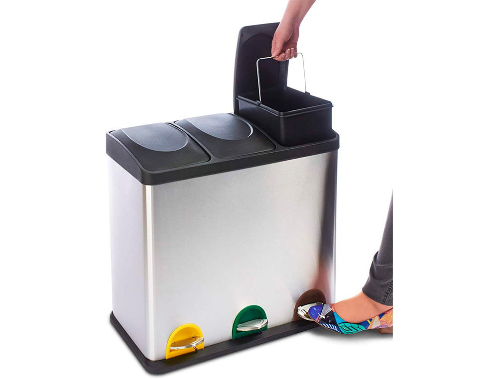 CONTENTOR DE LIXO METALICO Q- CONNECT COM 3 COMPARTIMENTOS E TAMPA PLASTICA 45 LITROS 605X340X485 MM