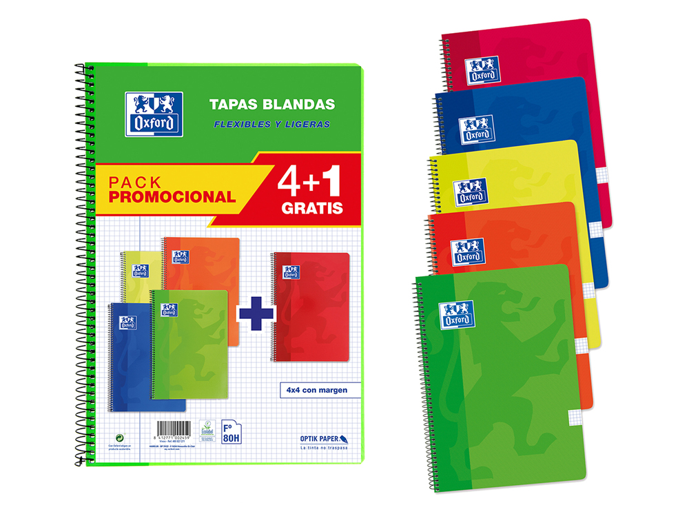 CADERNO ESPIRAL OXFORD CAPA FLEXIVEL OPTIK PAPER FOLIO 80 FOLHAS 90 GR QUADRICULA 4 MM PACK DE 4 +1