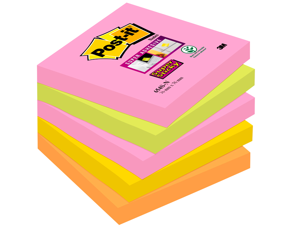 BLOCO DE NOTAS ADESIVAS POST-IT SUPER STICKY 76X76 MM COM 90 FOLHAS PACK DE 5 BLOCO CORES SORTIDAS COLECAO CAPE TOWN