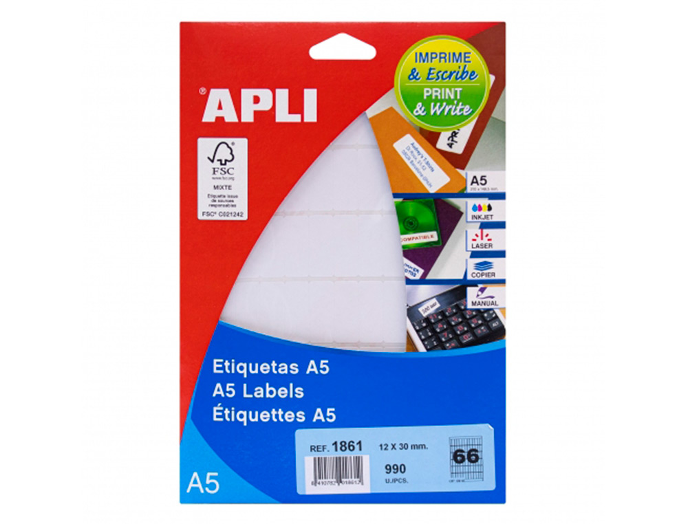 ETIQUETA ADHESIVA APLI BLANCA 12X30 MM SOBRE A5 DE 990 UNIDADES