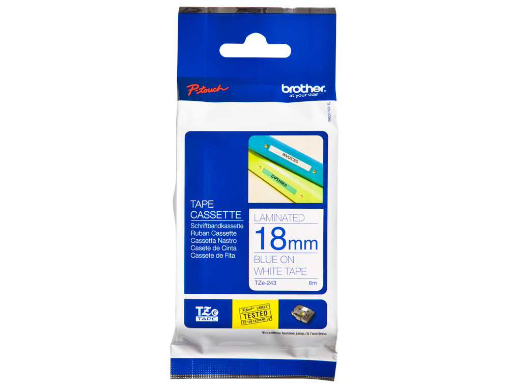 FITA BROTHER TZ-243 LAMINADA BRANCO-AZUL 18MM X 8M