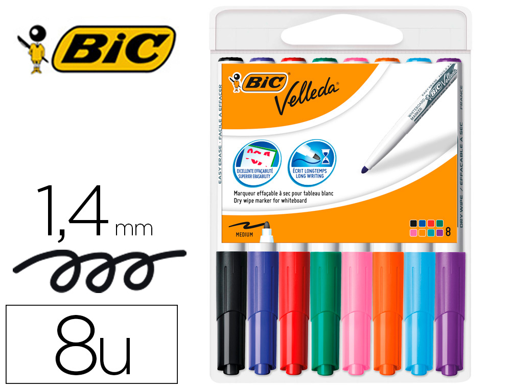 MARCADOR BIC VELLEDA PARA QUADRO PONTA REDONDA 2 MM BOLSA DE 8 UNIDADES CORES SORTIDAS