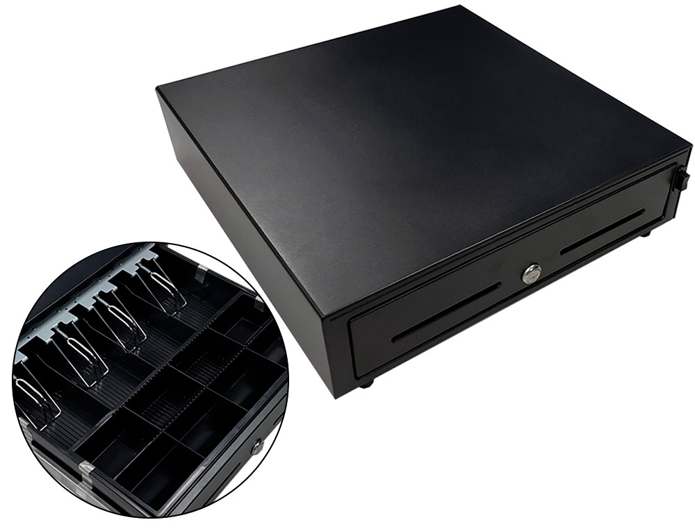 GAVETA DE DINHEIRO SEYPOS ELETRICO METALICO COMPARTIMENTOS 8 MOEDAS 5 NOTAS RANHURA FRONTAL FECHADURA COM CHAVE COM BOTA