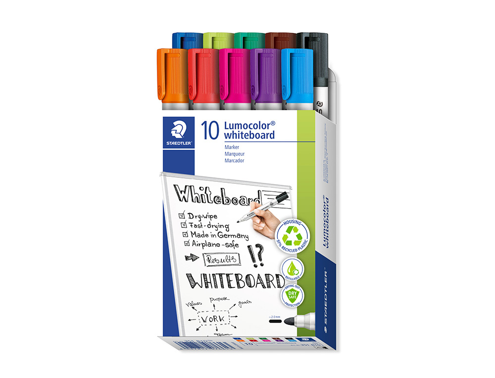 MARCADOR STAEDTLER LUMOCOLOR 351 PARA QUADRO BRANCO PONTA REDONDA 2 MM ESTOJO DE 10 UNIDADES CORES SORTIDAS