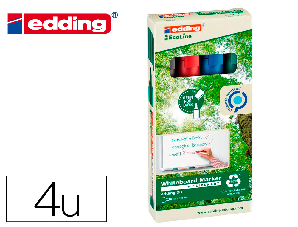 MARCADOR EDDING 28 PARA QUADRO BRANCO ECOLINE 90% RECICLADO BOLSA 4 CORES SORTIDAS PONTA REDONDA 1,5-3